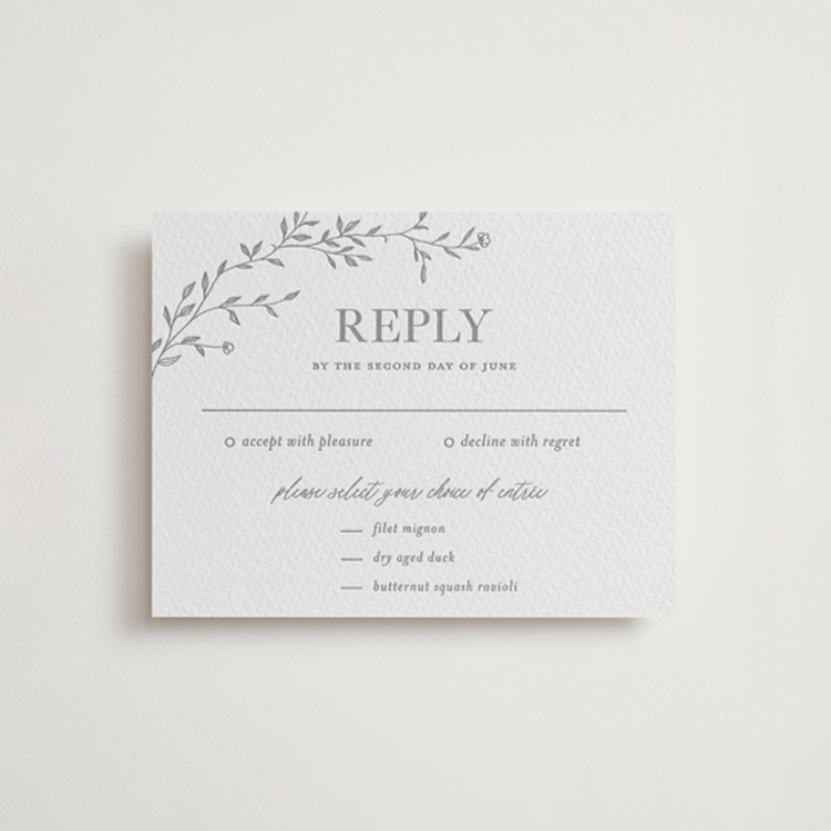 "Jasmine" - Letterpress RSVP Cards in Granite by Vera Lim - Front
