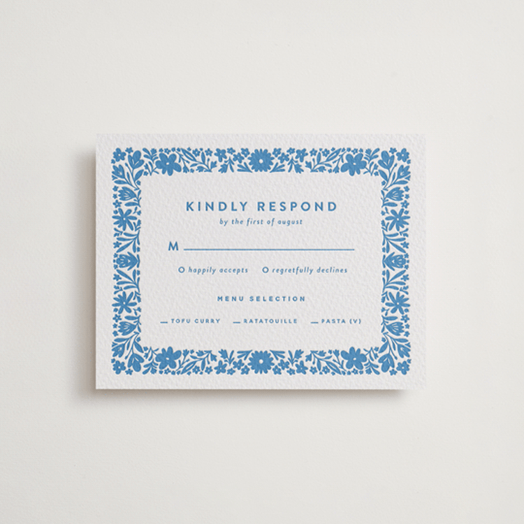 "Floral Stamp" - Letterpress RSVP Cards in Marine Blue by Stephanie Hawkes - Front