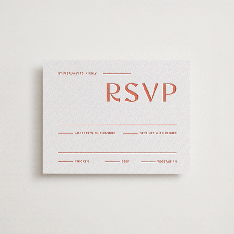 "boldly" - Letterpress RSVP Cards in Grapefruit by Blustery August - Front
