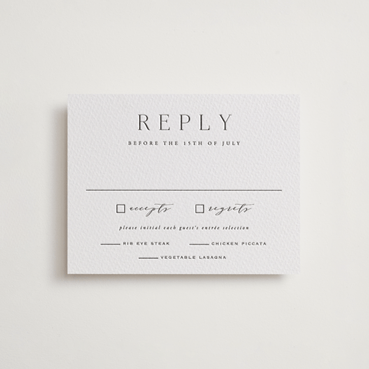 "Classy Type" - Letterpress RSVP Cards in Soft Black by Hooray Creative - Front