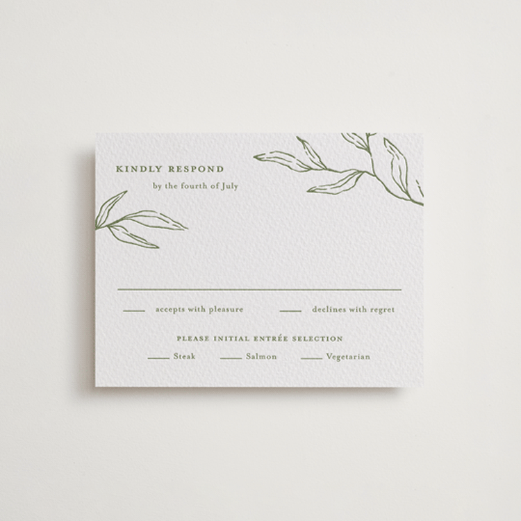 "Amidst Nature" - Letterpress RSVP Cards in Olive by Oscar and Emma - Karly Depew - Front