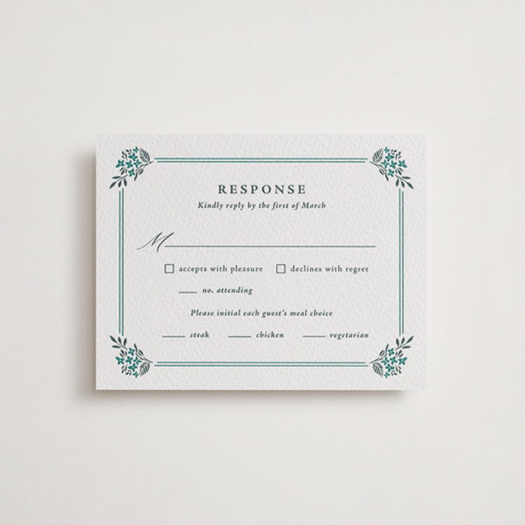 "Flourishing Crest" - Letterpress RSVP Cards in Slate by Olivia Raufman - Front