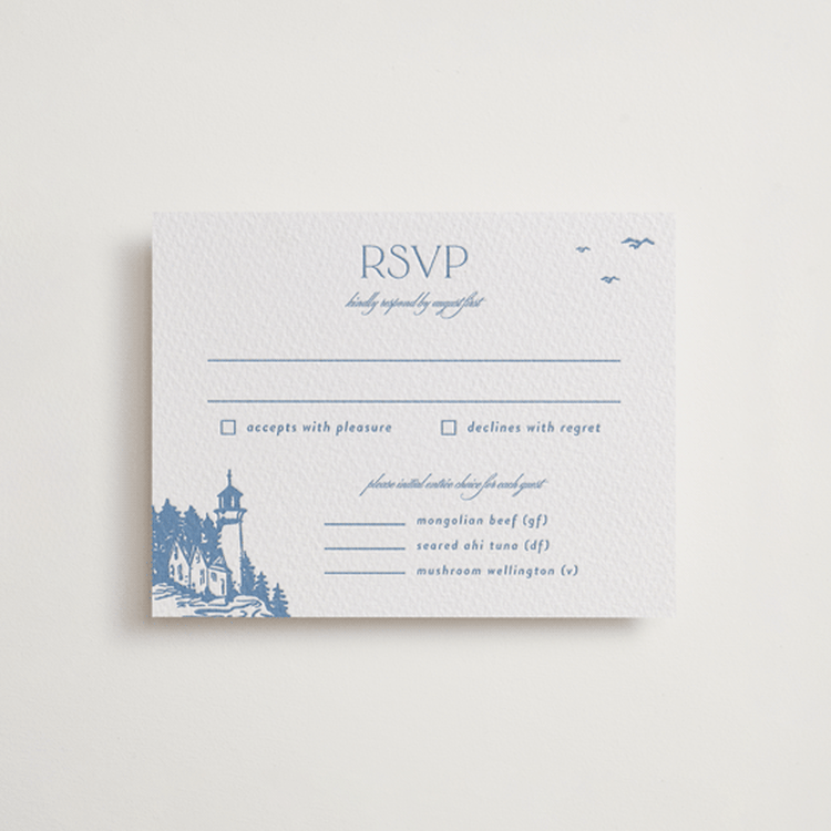 "the cliff" - Letterpress RSVP Cards in Pacific Blue by Tennie and Co. - Front