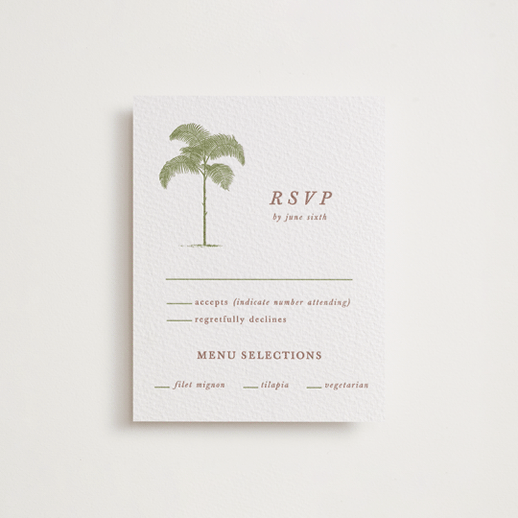 "Palm" - Letterpress RSVP Cards in Olive | Cinnamon by Melinda Denison - Front