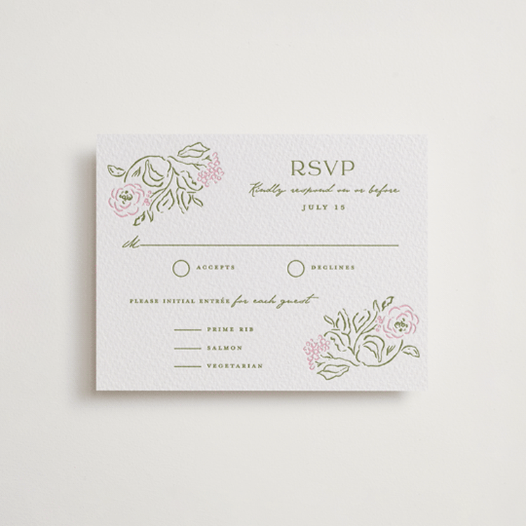 "Sketched Foliage" - Letterpress RSVP Cards in Peony | Olive by Susan Zinader - Front