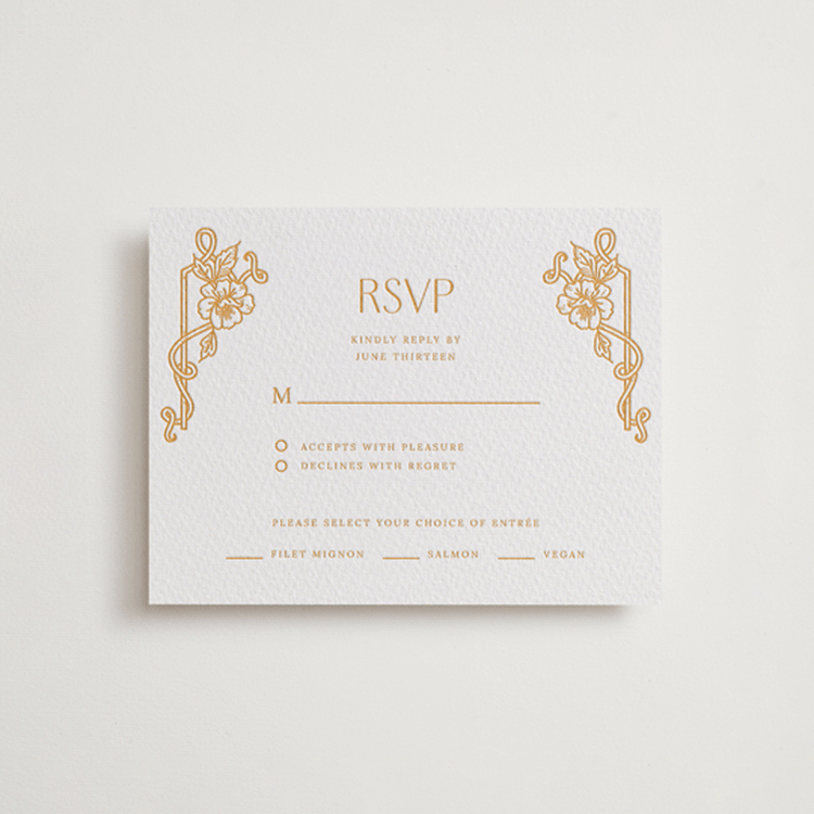 "Nouveau Peony" - Letterpress RSVP Cards in Saffron by Selima Akhter - Front