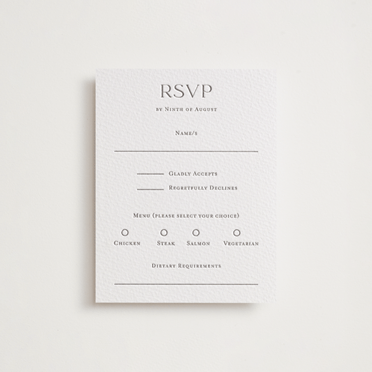 "Mountain Serenity" - Letterpress RSVP Cards in Graphite by Lucrecia Caporale - Front