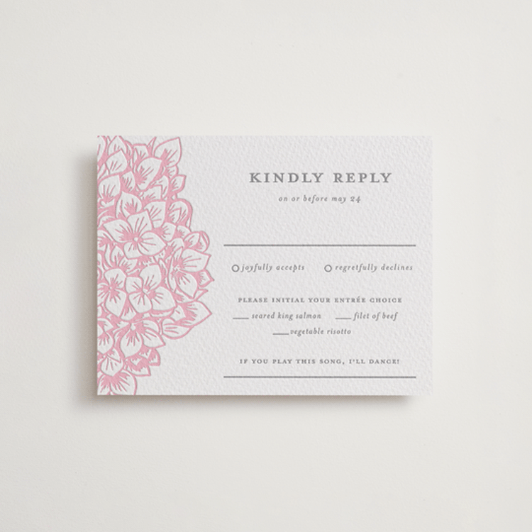 "Hydrangea Blooms" - Letterpress RSVP Cards in Peony | Granite by Paula Pecevich - Front