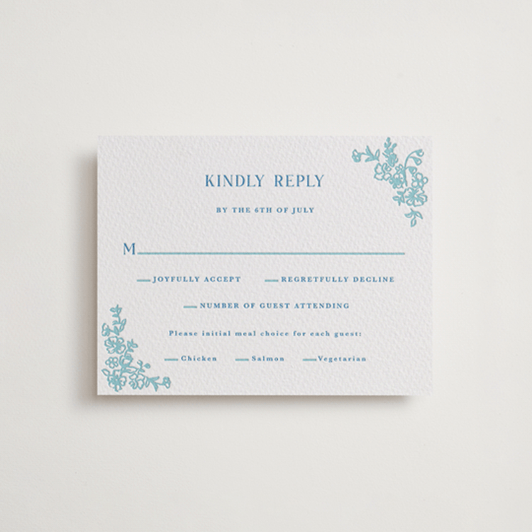 "Flowers monogram" - Letterpress RSVP Cards in Robin's Egg | Marine Blue by Cass Loh - Front