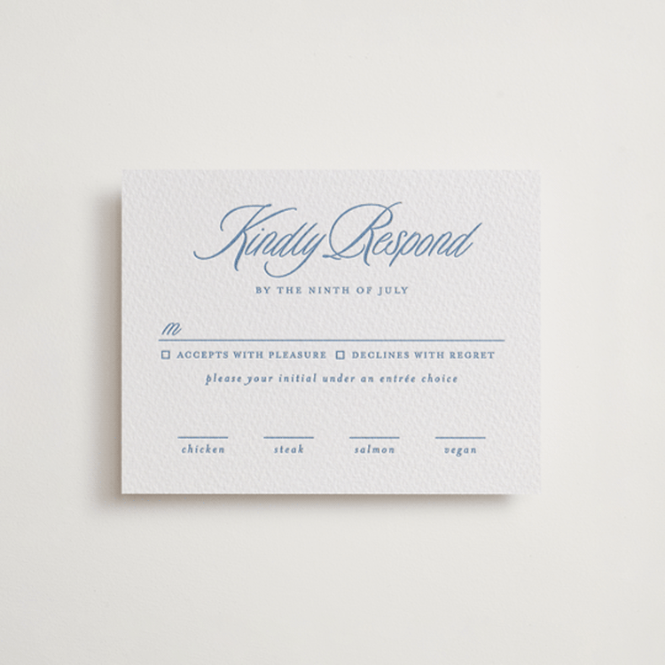 "Stately" - Letterpress RSVP Cards in Pacific Blue by Creo Study - Front