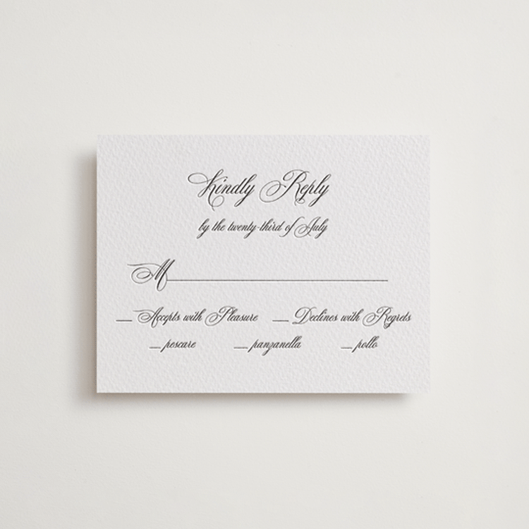 "palazzo" - Letterpress RSVP Cards in Soft Black by Benita Crandall - Front