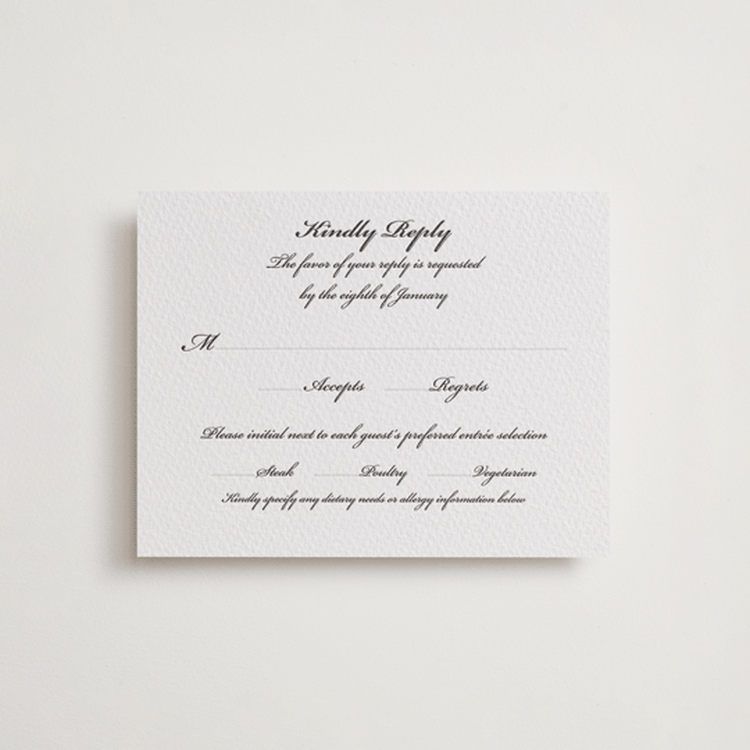 "Astor Elegance" - Letterpress RSVP Cards in Soft Black | Blind Deboss by Clover and Lamb - Front