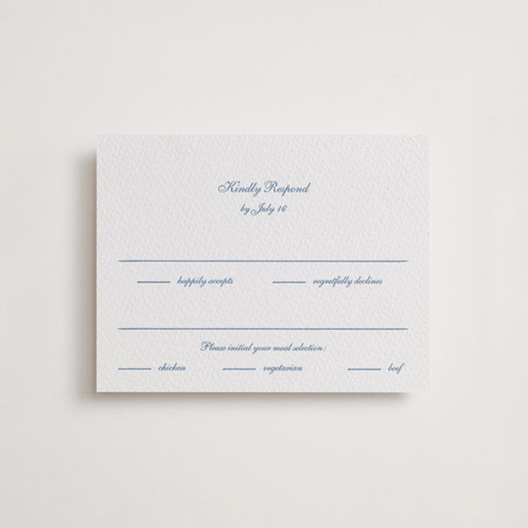 "Villa" - Letterpress RSVP Cards in Pacific Blue by Blustery August - Front