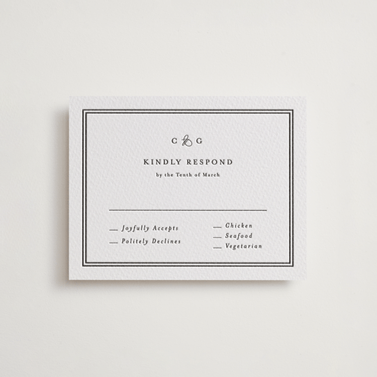 "Timeless Together" - Letterpress RSVP Cards in Soft Black by Carolyn MacLaren - Front