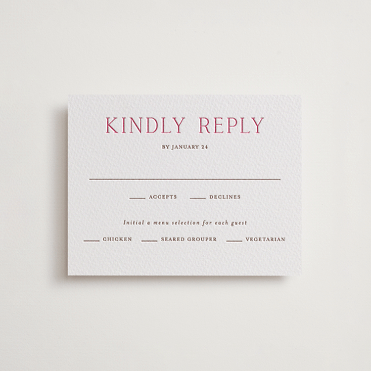 "In Love" - Letterpress RSVP Cards in Azalea | Burnt Sienna by Vanessa Doyle - Front