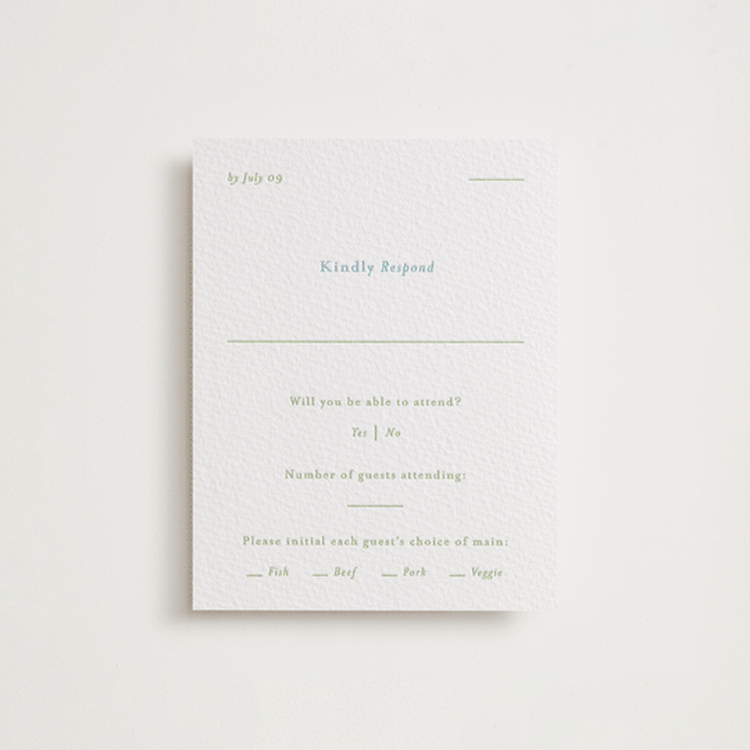 "Tuscany" - Letterpress RSVP Cards in Robin's Egg | Matcha by Blustery August - Front