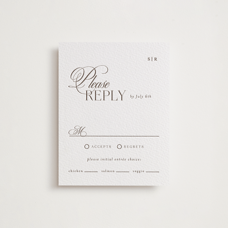 "Sibonie" - Letterpress RSVP Cards in Cacao Bean by Melanie Kosuge - Front