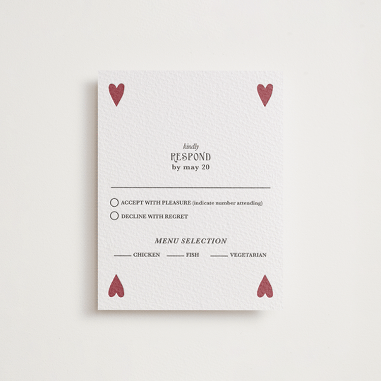 "Red Hearts" - Letterpress RSVP Cards in Maraschino | Soft Black by Helena Vitto - Front