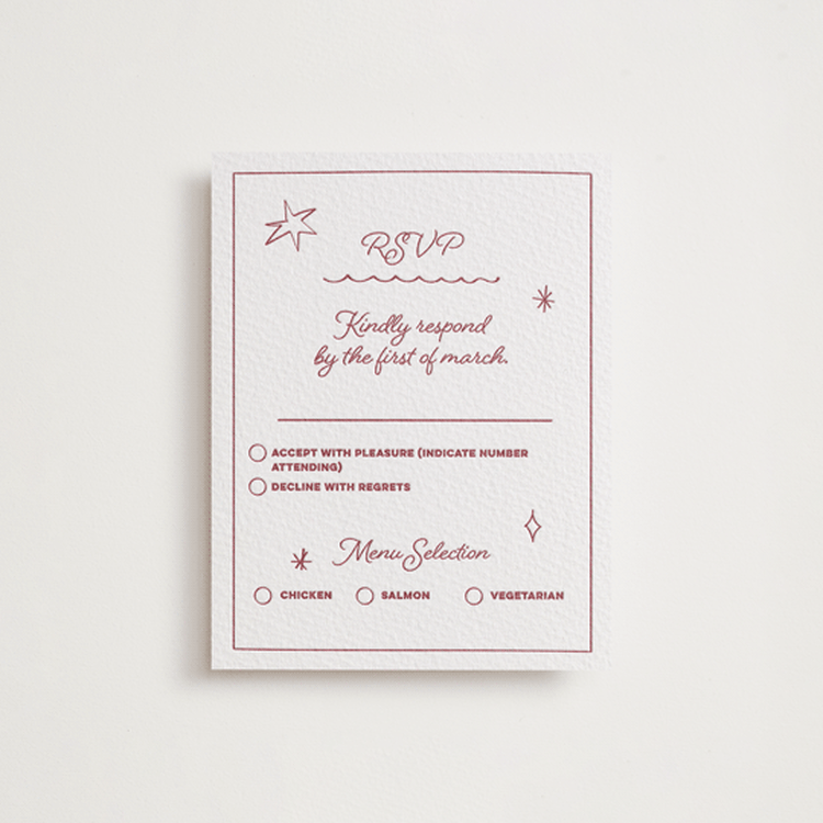 "Crazy Little Thing Called Love" - Letterpress RSVP Cards in Maraschino by Helena Vitto - Front