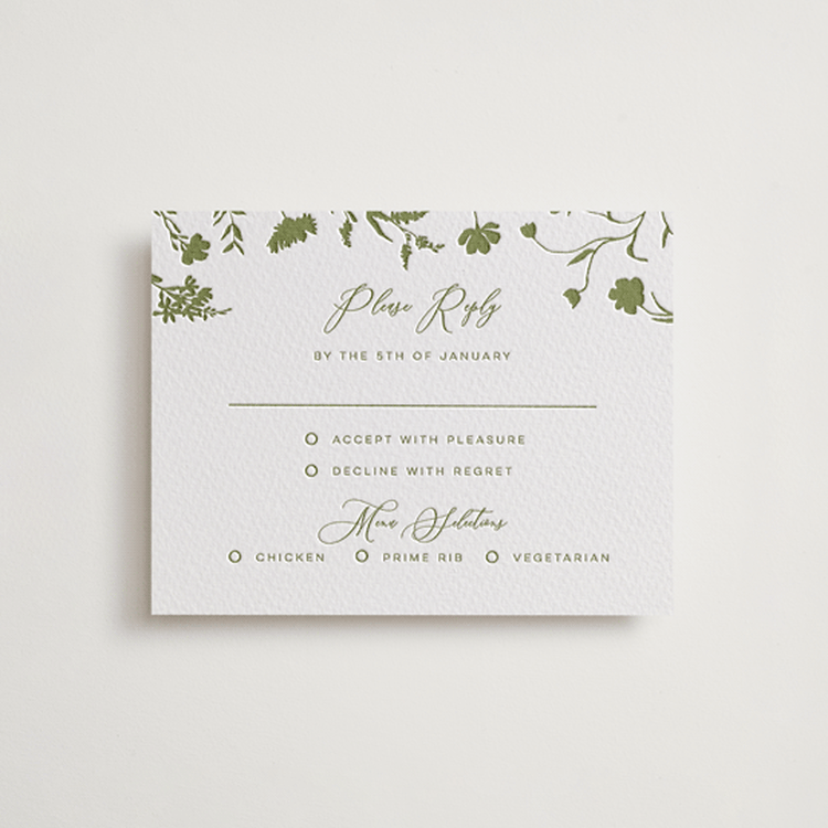 "Untied" - Letterpress RSVP Cards in Olive by Erin Hodges - Front