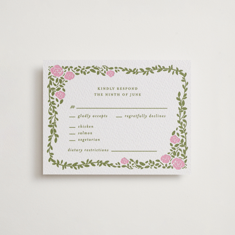 "Vintage Blooms" - Letterpress RSVP Cards in Olive | Lotus by Creo Study - Front