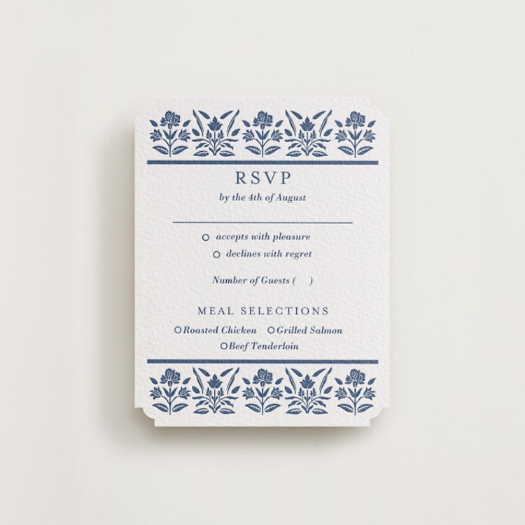 "Pressed Motif" - Letterpress RSVP Cards in Blueberry by Oma N. Ramkhelawan - Front