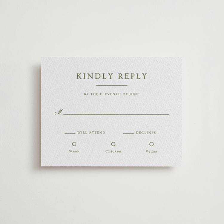 "Summit Meadows" - Letterpress RSVP Cards in Olive by Ana Sharpe - Front