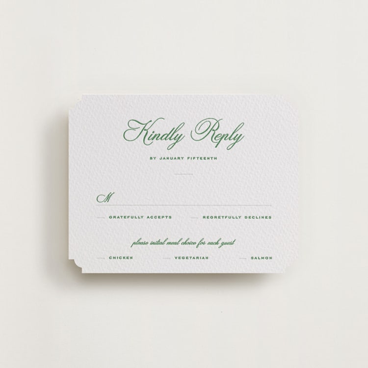 "Keepsake" - Letterpress RSVP Cards in Fern by Blustery August - Front