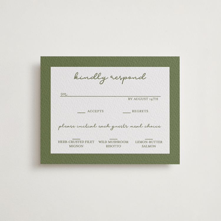"The Verdure Suite" - Letterpress RSVP Cards in Artichoke by Brittney Jensen - Front