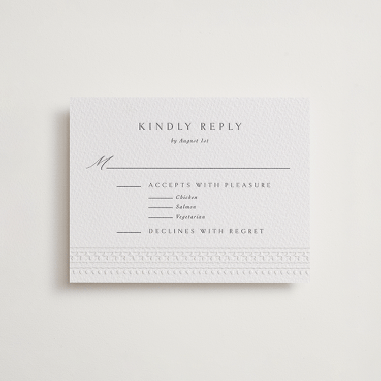 "Heirloom Needlework" - Letterpress RSVP Cards in Smoke | Blind Deboss by Meggy Masters - Front