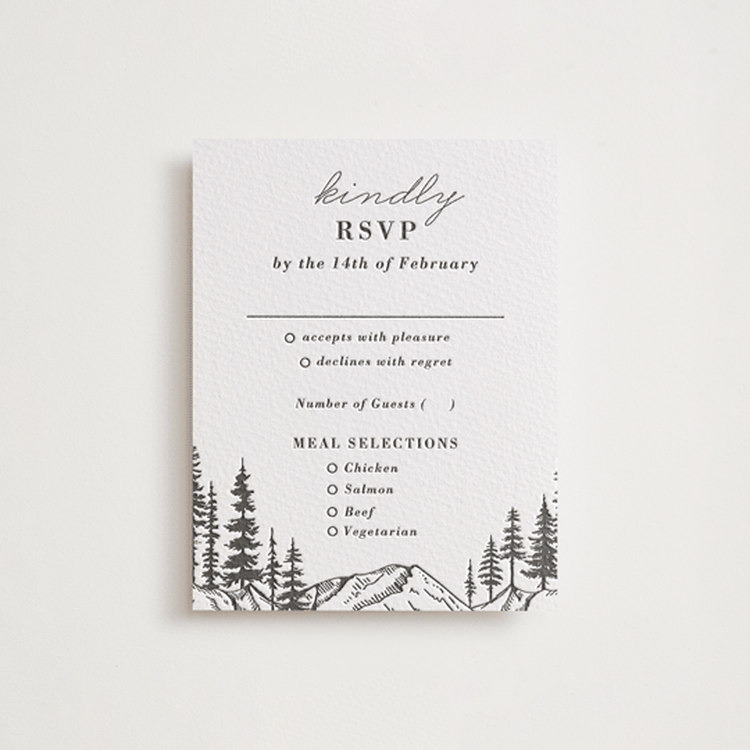 "Mountain Pines" - Letterpress RSVP Cards in Soft Black by Winston Latchman - Front