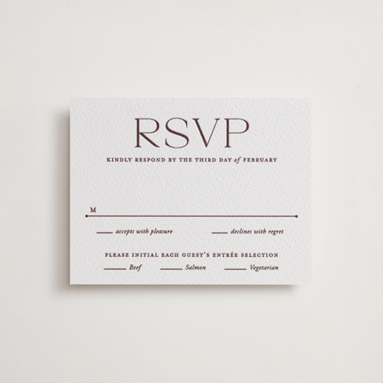 "Quiet Luxury" - Letterpress RSVP Cards in Clove by Oscar and Emma - Karly Depew - Front