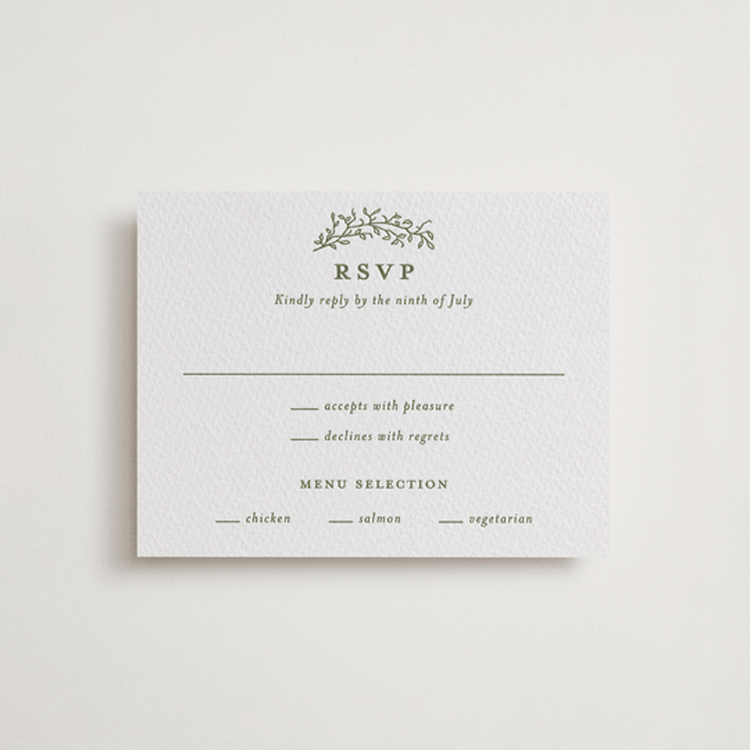 "Garden Script" - Letterpress RSVP Cards in Artichoke by Katherine Moynagh - Front