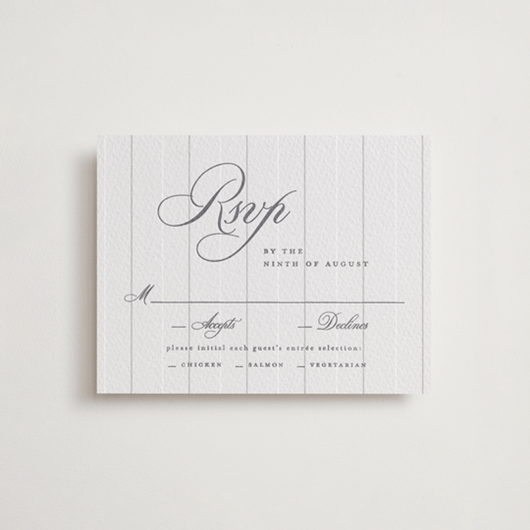 "Heirloom" - Letterpress RSVP Cards in Smoke by Creo Study - Front