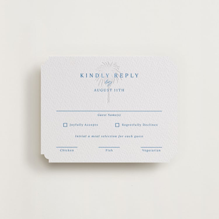"Palm Tree" - Letterpress RSVP Cards in Marine Blue by Kaydi Bishop - Front