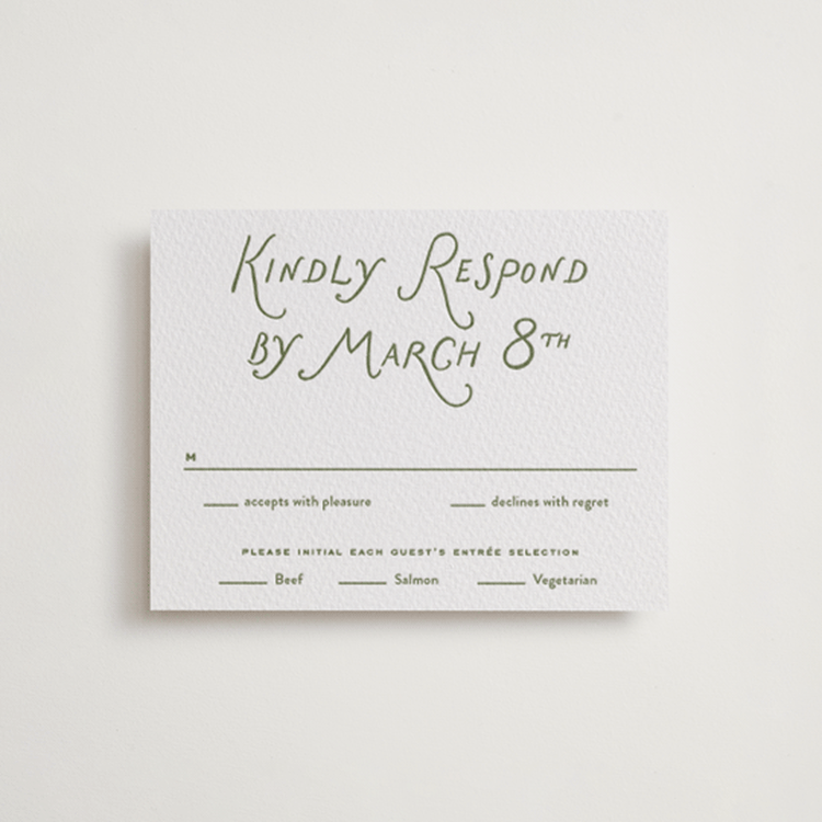 "Marshland" - Letterpress RSVP Cards in Artichoke by Oscar and Emma - Karly Depew - Front