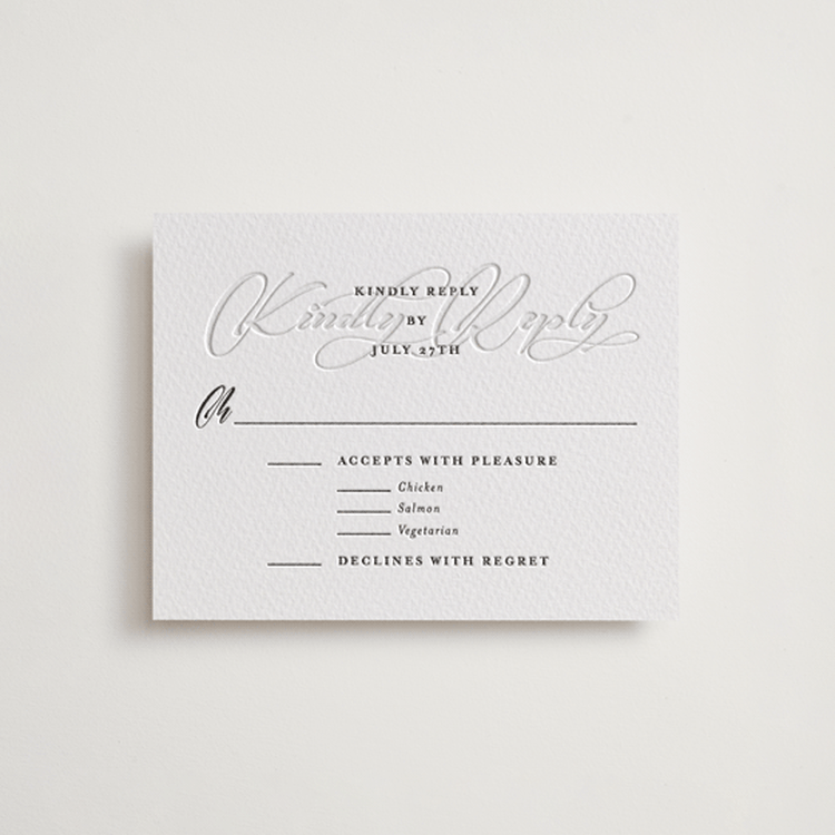 "Bespoke" - Letterpress RSVP Cards in Soft Black | Blind Deboss by Meggy Masters - Front