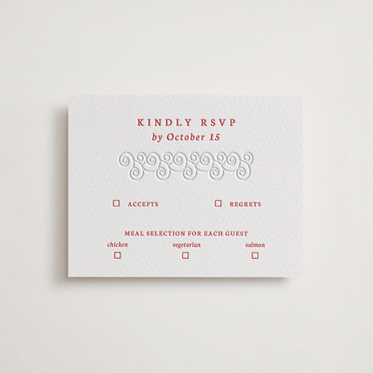 "simply happy" - Letterpress RSVP Cards in Ruby by Deborah Chou - Front