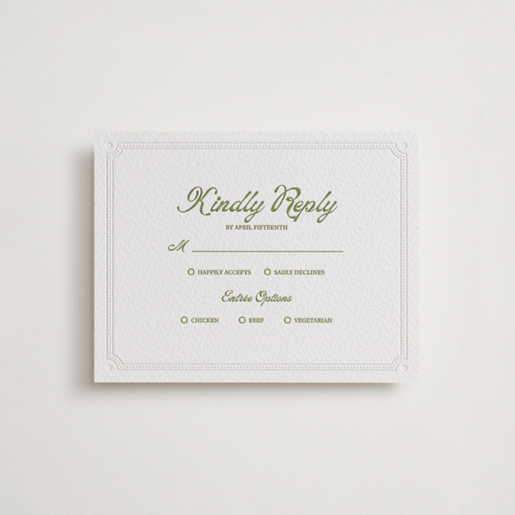"Palm Shade" - Letterpress RSVP Cards in Olive | Blind Deboss by Julia Liverton - Front