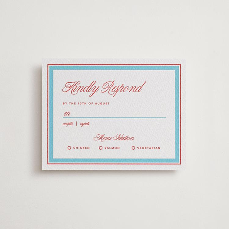 "Charm" - Letterpress RSVP Cards in Ruby | Vista by Kelly Watkins - Front