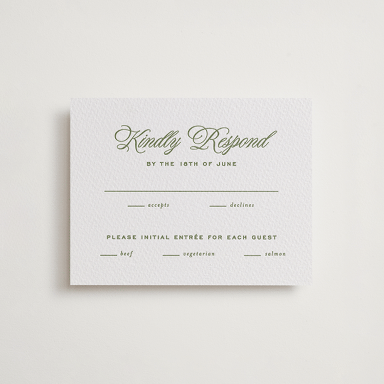 "rory" - Letterpress RSVP Cards in Olive by Ellen Schlegelmilch - Front