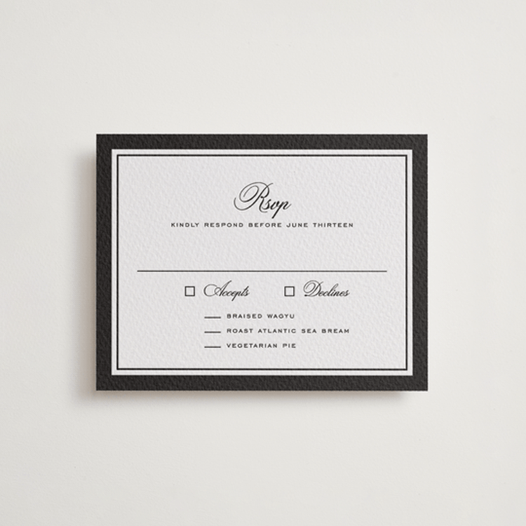 "krytharaki" - Letterpress RSVP Cards in Soft Black | Granite by chocomocacino - Front