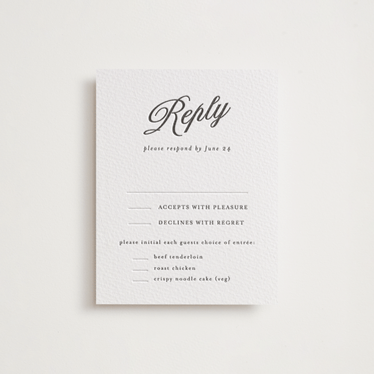 "Tux" - Letterpress RSVP Cards in Soft Black by Nicole Walsh - Front