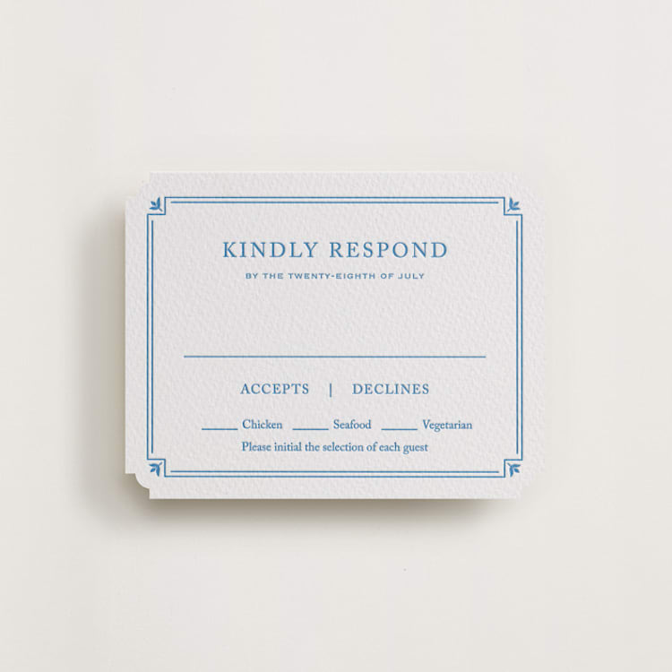 "Fleur Corner" - Letterpress RSVP Cards in Marine Blue by Carolyn MacLaren - Front
