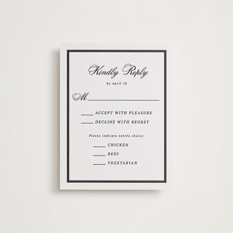 "Chic Union" - Letterpress RSVP Cards in Soft Black by Cass Loh - Front