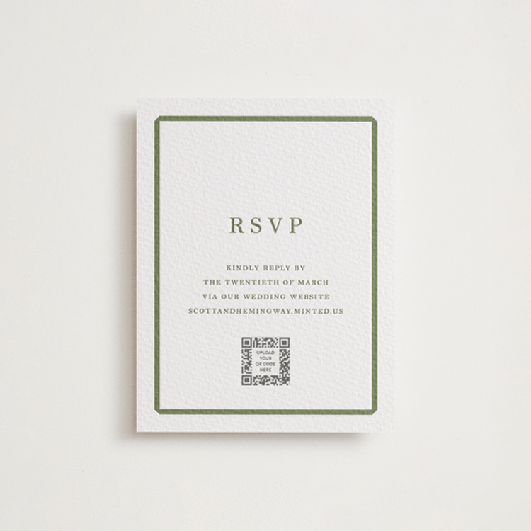 "Bevel" - Letterpress RSVP Online Enclosure Cards in Artichoke by Megan Davis - Front