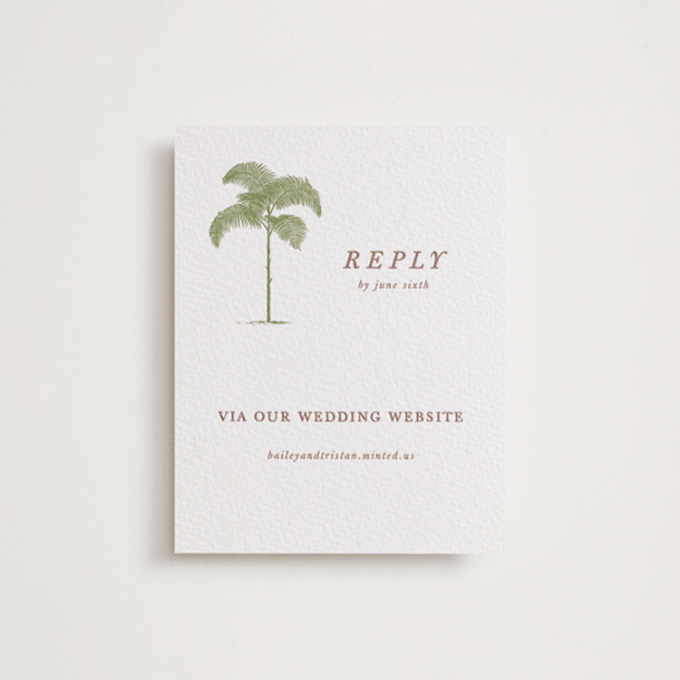 "Palm" - Letterpress RSVP Online Enclosure Cards in Olive | Cinnamon by Melinda Denison - Front