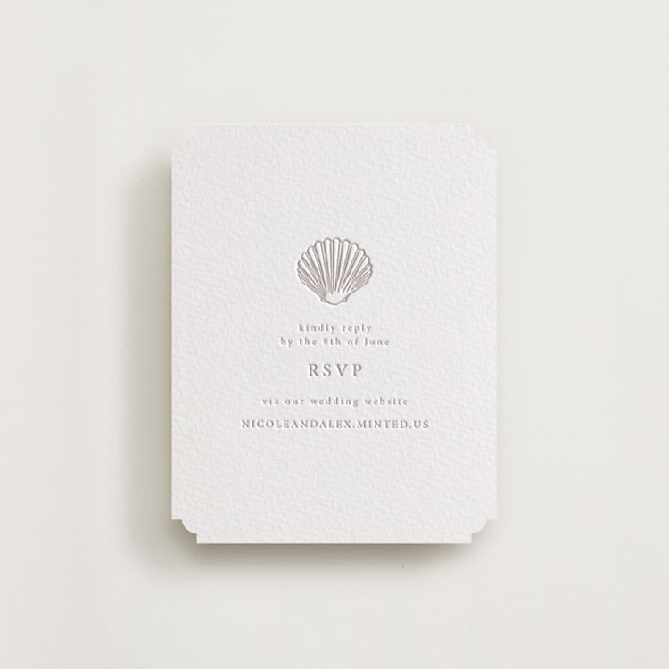 "Simple Seashell" - Letterpress RSVP Online Enclosure Cards in Dove Grey by Hannah Bowman - Front