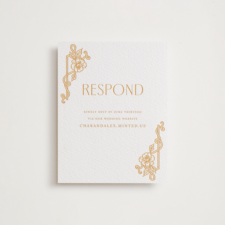 "Nouveau Peony" - Letterpress RSVP Online Enclosure Cards in Saffron by Selima Akhter - Front