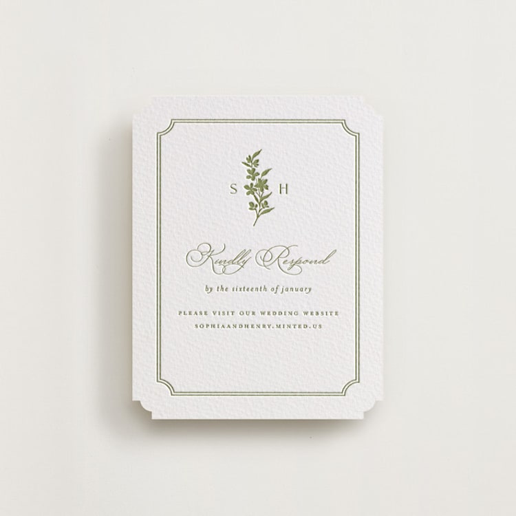 "Simply Elegant" - Letterpress RSVP Online Enclosure Cards in Olive by Yaling Hou Suzuki - Front